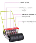 Diagram of Precision Hand Push Garden Seeder with Adjustable Plant Spacing and Walk Behind Row Crop Planter features.
