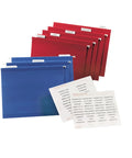 Slick Insertable Index Tabs, 2 Inch White File Folder Labels Compatible With Laser And Inkjet Printers, Bulk 600 Count with blue and red file folders.