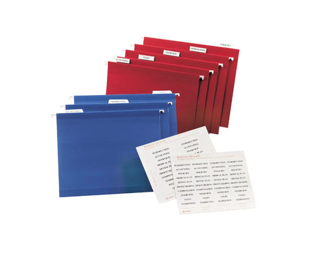 Slick Insertable Index Tabs, 2 Inch White File Folder Labels Compatible With Laser And Inkjet Printers, Bulk 600 Count with blue and red file folders.