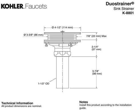 Diagram of Duostrainer Sink Strainer with Tailpiece, solid brass, polished chrome, 1-1/2 inch connection, 4 inch tailpiece.