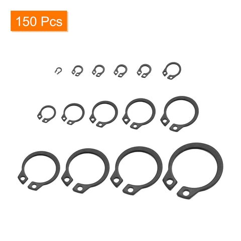 External Retaining Ring Kit, 150 Pcs in 15 Sizes, 65Mn Carbon Steel Snap Rings displayed in assortment.