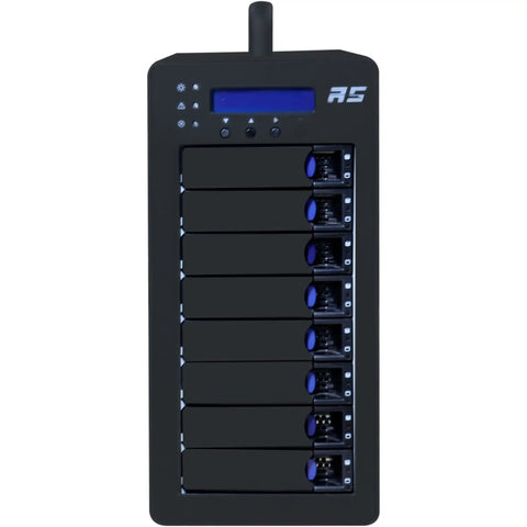 Slick Eight Bay Raid Storage Tower With Hot Swap Disk Slots and LCD panel, designed for high-density data storage.