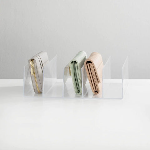 Five-Section Plastic Purse Organizer For Bedroom Closet And Shelf Storage with wallets in clear slots, shatter-resistant plastic.