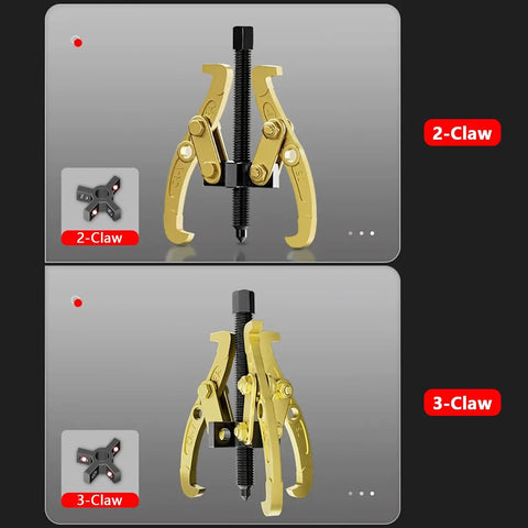 Convertible Gear Puller Kit With 2 To 3 Jaw Bearing Separator for horizontal and vertical use, shown in 2-claw and 3-claw setups.
