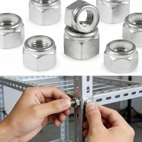 Nylock Nuts Set With Nylon Insert For Size 10 24 SAE Inch Threads 304 Stainless Steel 60 Pieces shown with bolt assembly