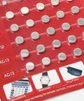 Premium Assorted Alkaline Button Cell Batteries For Watches 50 Piece Mixed Lr44 Ag1 Ag3 Ag4 Ag10 Watch Replacement Pack in organized packaging.