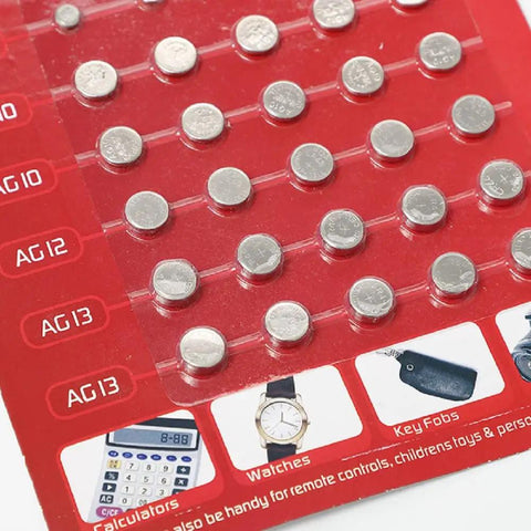 Premium Assorted Alkaline Button Cell Batteries For Watches 50 Piece Mixed Lr44 Ag1 Ag3 Ag4 Ag10 Watch Replacement Pack in organized packaging.