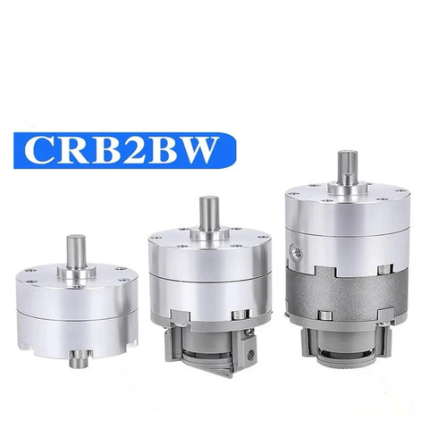 CRB2BW Pneumatic Rotary Actuator Cylinder set displaying various sizes, engineered for smooth 180 degree rotations and tight tolerances.