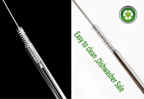 Long Reach Straw Cleaner Brush with stainless steel handle and nylon bristles showing cleaning abilities, text reads 'Easy to clean'.