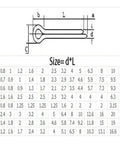 Dimensions chart for Premium 304 Stainless Steel U-Shaped Spring Cotter Pins showing size measurements from M1 to M6.