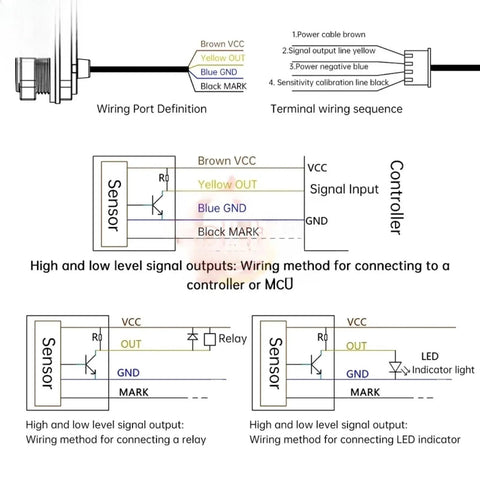 Float Switch Flowmeter With NPN Output For Liquid Level Sensing And Monitoring, wiring diagram with brown, yellow, blue and black leads
