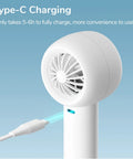 Close-up of a Bladeless Mini Portable Fan With Safe Design Turbo Handheld Breeze with USB-C charging cable inserted.