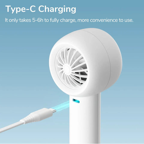 Close-up of a Bladeless Mini Portable Fan With Safe Design Turbo Handheld Breeze with USB-C charging cable inserted.