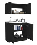 Modern Two Piece Storage Cabinet Rustic Style Cupboard Crafted From Heavy Duty Engineered Wood For Kitchen Hallway Or Closet Organization Keeps Your Gear Tidy Super Slick Black Finish, showcasing black cupboard with open and closed storage.