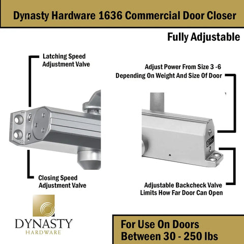 Beefed Up Aluminum Door Closer Adjustable Spring Three To Six Hydraulic Automatic Closer Series 1636 For Medium To High Traffic Doors In Commercial Settings Ideal For Storefronts Offices Restaurants And Public Entrances
