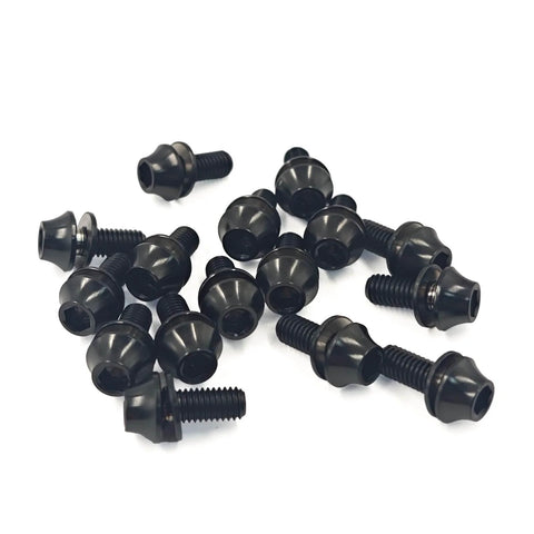 Black Titanium M5x12mm bike bolts with washers for MTB water bottle cage, hex screws set of 4, lightweight 6Al4V titanium alloy hardware.