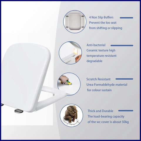 Top Shelf Square Soft Close Toilet Seat With Silent Glide Lid And Adjustable Swivel Hinges Tool Free Setup Secure Mount Durable White High Gloss Finish with detailed features.