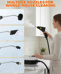 Heavy Duty Handheld Steam Cleaner Generating Scalding 2500W Heat To Blast Away Stubborn Kitchen Grease Bathroom Grout And Auto Upholstery With Multi Function Brush Kit with various nozzles.
