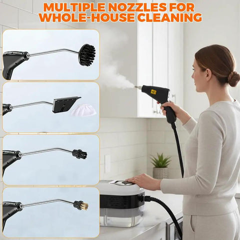 Heavy Duty Handheld Steam Cleaner Generating Scalding 2500W Heat To Blast Away Stubborn Kitchen Grease Bathroom Grout And Auto Upholstery With Multi Function Brush Kit with various nozzles.