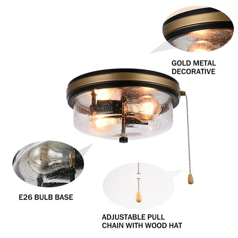 Industrial Farmhouse Close-To-Ceiling Light Fixture With Pull Chain Matte Black 2-Light Flush Mount Seeded Glass Shade