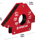 Front view of red SPURTAR welding magnet clamp, 75 lb capacity, with 45-degree, 90-degree, 135-degree angle marks