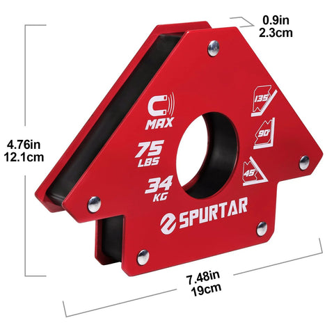 Front view of red SPURTAR welding magnet clamp, 75 lb capacity, with 45-degree, 90-degree, 135-degree angle marks