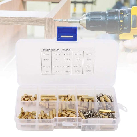 M2.5 Brass Standoff Spacer Kit With Pro Grade 180 Piece Hex Pillar Nut And Screw Set For Electronics, 3D Printer And PC Motherboard Mounting Hardware, Brass Construction, Includes 10 Sizes, open case with brass spacers and screws