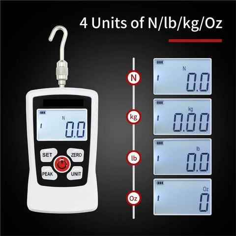 Dead Nuts Digital Hardness Tester And Push Pull Gauge Meter featuring auto backlight and buzzer, displaying N, kg, lb, Oz units.