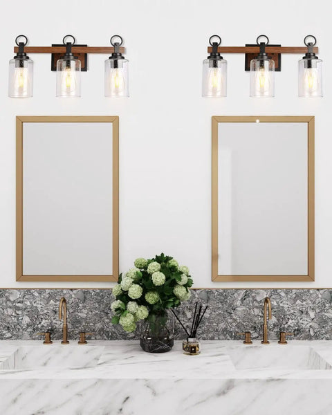 Farmhouse 3 Light Vanity Fixture With Seeded Glass Shades Black Rustic Wall Sconce For Bathroom And Bedroom Over Mirror Mount Vintage Style Bath Lighting Vibe above double mirrors