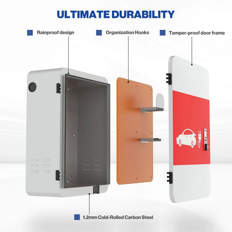 Heavy Duty Tesla Charger Enclosure Lock Box Featuring Rugged Wall Mount Security Sleek Cord Organizer And Rock Solid Weatherproof Cover For Model Y And Model 3 Game Changer showing rainproof door, org hooks, and carbon steel frame.