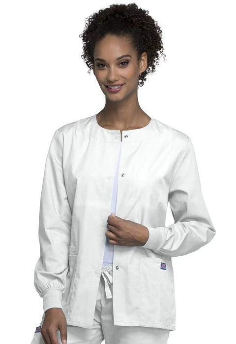 Women Snap Front Warm Up Jacket White Large With Round Neck Short Length Featuring Two Big Patch Pockets And A Handy Cell Phone Pocket