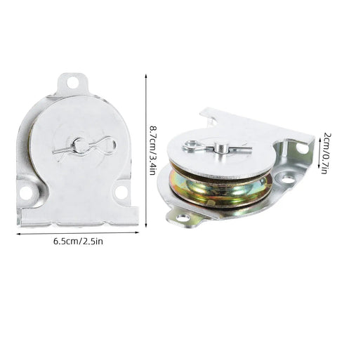 Wall Mount Rope Guide Pulley For Heavy Duty Lifting, Steel Pulley Block With Low Friction Silent Bearing, Wire Roller For Winch System, Ideal For Flagpole Rope And Utility Lifting, Fits 3/8 Inch Cable Built Tough For Rough Jobs And Use With Reliable. Front and side view, 6.5 cm wide