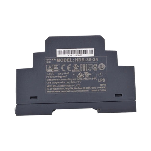 Compact Din Rail Mount Power Supply 24Vdc 1.5A 36W Ac To Dc Converter back view showing model details and specifications.