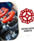 Two Pack Cast Iron Handwheel For Water Valve Handles And RV Waste Valve Kits Spigot Replacement Outdoor Faucet Wheel Handles Tough As Nails Built To Last Easy Grip Replacement Set, red and gray valve close-up, suitable outer diameter