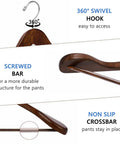 Solid Walnut Wood Coat Hangers Six Pack With Extra Wide Shoulders And Non Slip Pants Bar, durable features showcased