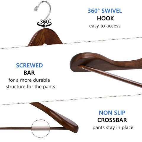 Solid Walnut Wood Coat Hangers Six Pack With Extra Wide Shoulders And Non Slip Pants Bar, durable features showcased