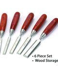 Tough As Nails Six Piece Bench Chisel Set Premium Hardened Steel Blades Genuine Bubinga Handles with storage box.