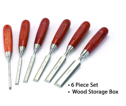 Tough As Nails Six Piece Bench Chisel Set Premium Hardened Steel Blades Genuine Bubinga Handles with storage box.