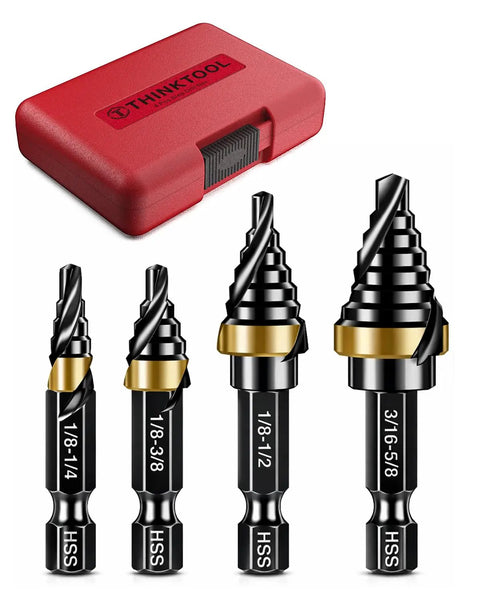 Four Piece HSS Step Drill Bit Set From One Eighth Inch To Five Eighths Inch With Quarter Inch Shank Compact EDC Unibit For Soft Metal Steel Wood And Plastic Pro Grade Construction For Quick Hole Sizing On The Go shown with red case