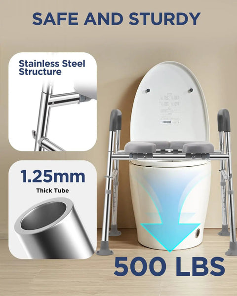 No Sweat Stainless Steel Toilet Seat Riser With Grip Handles And Plush Pad, Hefty 500 Lb Hold, Quick Height And Width Swaps, Solid Move Up For Seniors And Routine Mobility Tasks