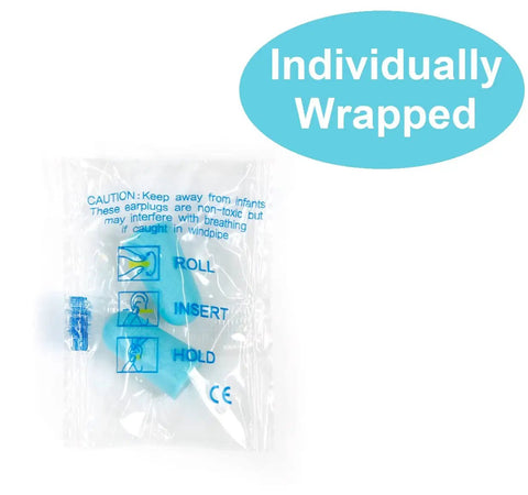 Individually wrapped blue foam earplugs with usage instructions for Bulk Pack Of Two Hundred Premium Foam Earplugs Delivering Heavy Duty Sound Blocking And Cozy Comfort For Sleeping Snoring Work Shooting Concerts And Travel Keep It Cool And Block The Racket With Top Shelf Hearing Protection Rated At 32 Db Nrr Per Pair.