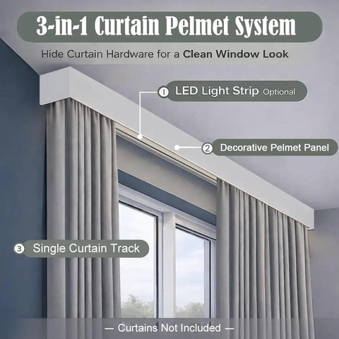 Three In One Curtain Track System With Rod, Valance, And Light Belt, Ceiling Mount Or Optional Install, Quiet Smooth Pulleys For No Fuss Operation, No Drama Noise, Pure White Finish, Ideal Living Room Or Bedroom Room Divider Solution, white