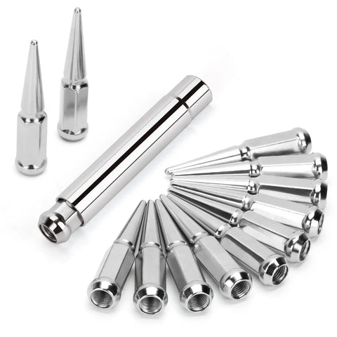 Spike Lug Nuts Half Inch Twenty Thread 60 Degree Cone For Five Lug Jeep Wrangler Cherokee Grand Cherokee Liberty Dodge Ram And More Heavy Duty Chrome Steel Spike Lugnuts Set Of Twenty For Aftermarket Wheels, set displayed in a fan with detail.