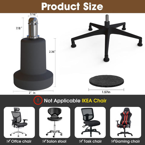 High Grade Stationary Office Chair Glides Swap Out Rolling Stool Casters Secure Non Slip Base Protects Flooring Tight Fit Design Keeps Your Workspace Locked Down Smooth 10 Pack product size illustration showing bell glide and flat base.