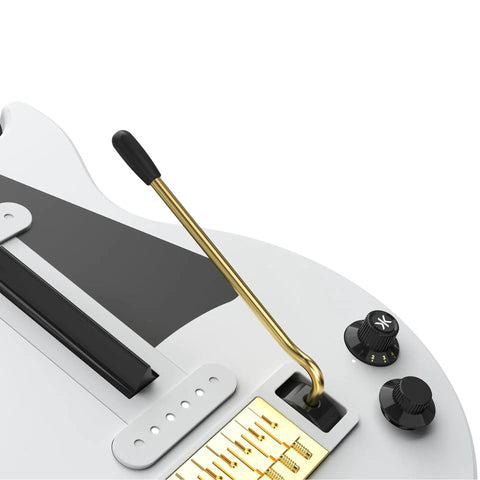 Close-up of Les Paul Pro Edition Alpine White Guitar Controller for PC Switch Android and more, showing control knobs and whammy bar.