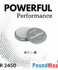 Premium Cr2450 3V Lithium Button Cell Batteries 5 Count For Car Key Fobs Remote Controls Desk Calculators And Smart Electronic Devices Delivers Big Time Power With Solid Long Haul Reliability You Can Count On - two batteries visible, flat design.