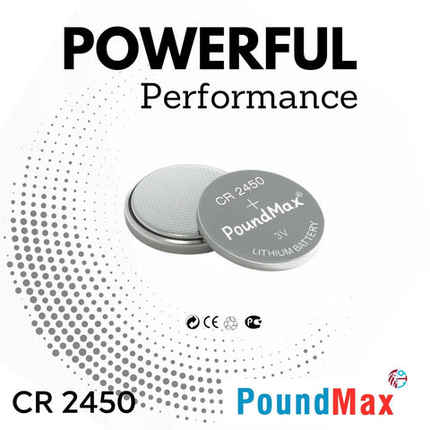 Premium Cr2450 3V Lithium Button Cell Batteries 5 Count For Car Key Fobs Remote Controls Desk Calculators And Smart Electronic Devices Delivers Big Time Power With Solid Long Haul Reliability You Can Count On - two batteries visible, flat design.