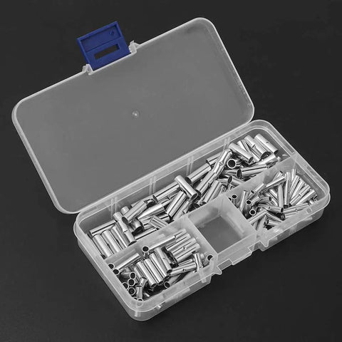 Heavy Duty Bare Non Insulated Butt Connectors Kit 150 Piece All Sizes From Tiny 22 Awg To Massive 10 Awg For Car Truck Marine And Home Projects With Nifty Storage Box For Easy Tackle Your Jobs Like A Boss. clear plastic box with silver copper butt connectors