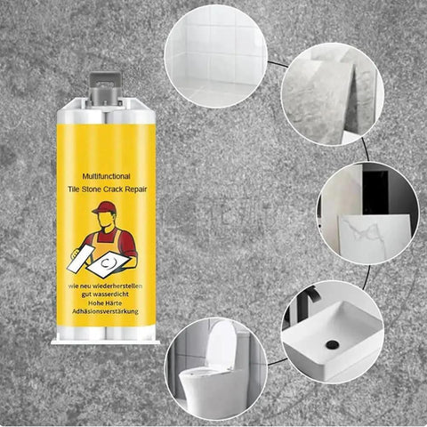 Fast Dry Tile Repair Glue Kit For DIYers All In One Tile Repair Set For Granite Marble Porcelain And Countertops Instantly Fix Chips And Cracks With A Seamless Invisible Finish Includes 3 Set No Mess Cleanup displayed with uses on tiles and surfaces