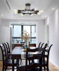 8 Light Sputnik Ceiling Light In Black Metal Modern Industrial Chandelier With Semi Flush Mount in dining room